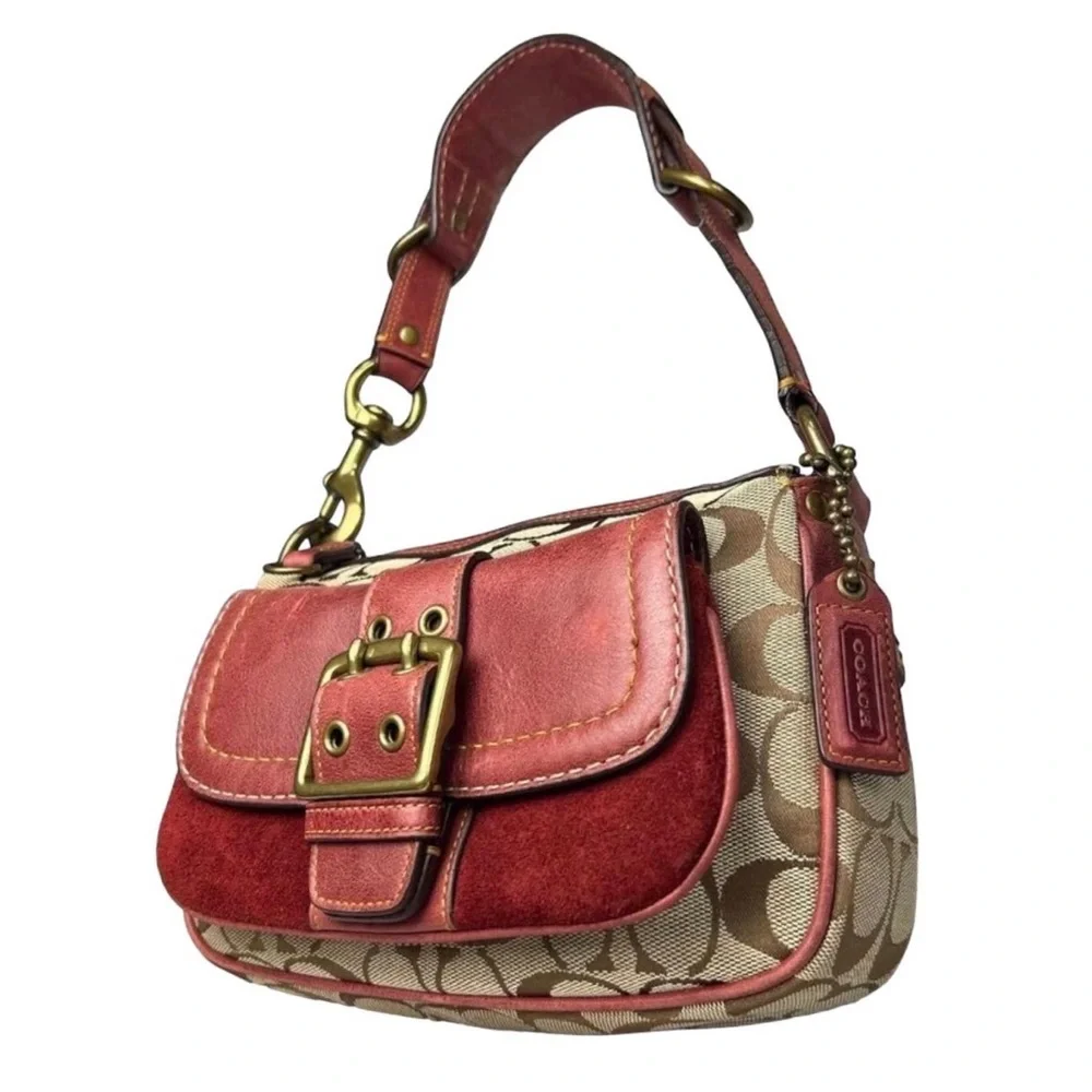 COACH Jacquard Signature C Special Edition 2004 Tan and Red Mini Shoulder Bag